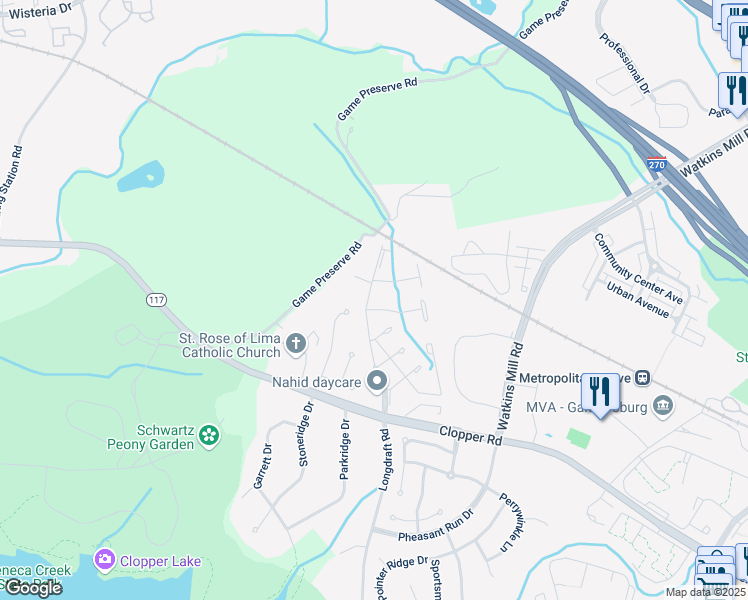 map of restaurants, bars, coffee shops, grocery stores, and more near 8 Goodport Lane in Gaithersburg