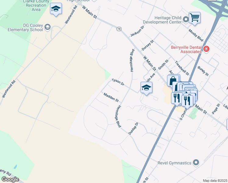 map of restaurants, bars, coffee shops, grocery stores, and more near 413 Lindsay Court in Berryville