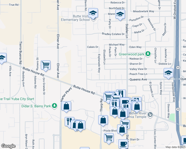 map of restaurants, bars, coffee shops, grocery stores, and more near 1731 Shay Way in Yuba City