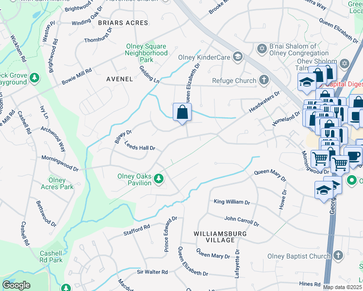 map of restaurants, bars, coffee shops, grocery stores, and more near 18045 Wagonwheel Court in Olney