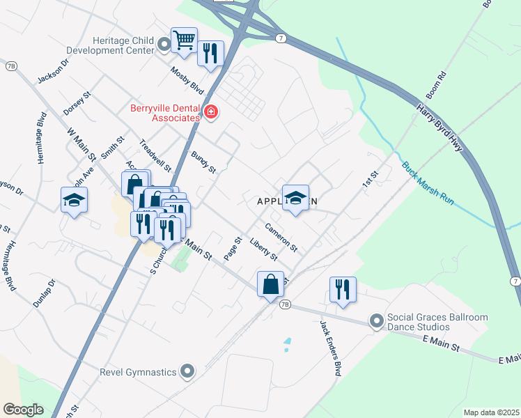 map of restaurants, bars, coffee shops, grocery stores, and more near 1524 Springsbury Road in Berryville