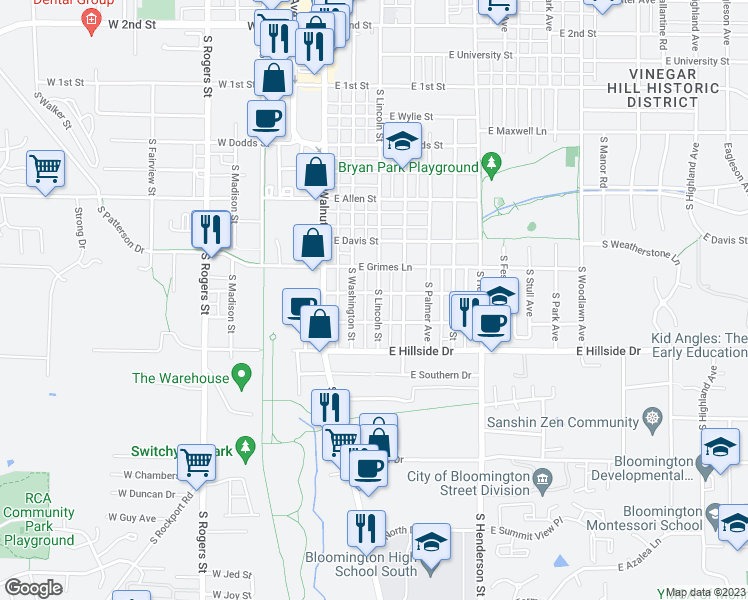 map of restaurants, bars, coffee shops, grocery stores, and more near 1304 South Lincoln Street in Bloomington