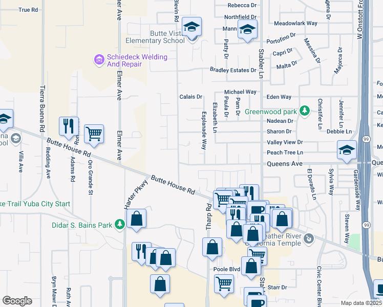 map of restaurants, bars, coffee shops, grocery stores, and more near 1731 Shay Way in Yuba City