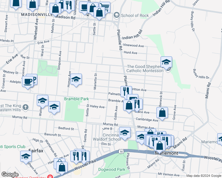 map of restaurants, bars, coffee shops, grocery stores, and more near 6709 Britton Avenue in Cincinnati