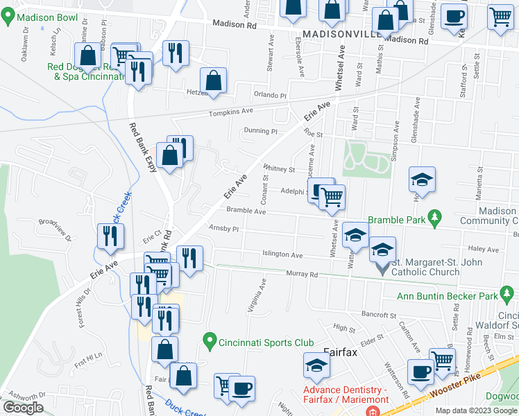 map of restaurants, bars, coffee shops, grocery stores, and more near 5656 Bramble Avenue in Cincinnati
