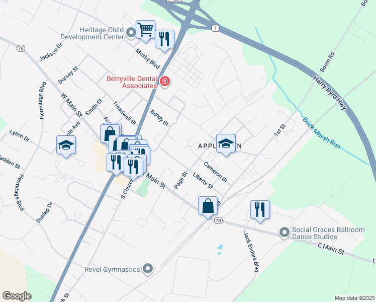 map of restaurants, bars, coffee shops, grocery stores, and more near 1338 Springsbury Road in Berryville