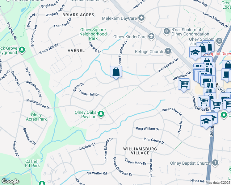 map of restaurants, bars, coffee shops, grocery stores, and more near 18045 Wagonwheel Court in Olney