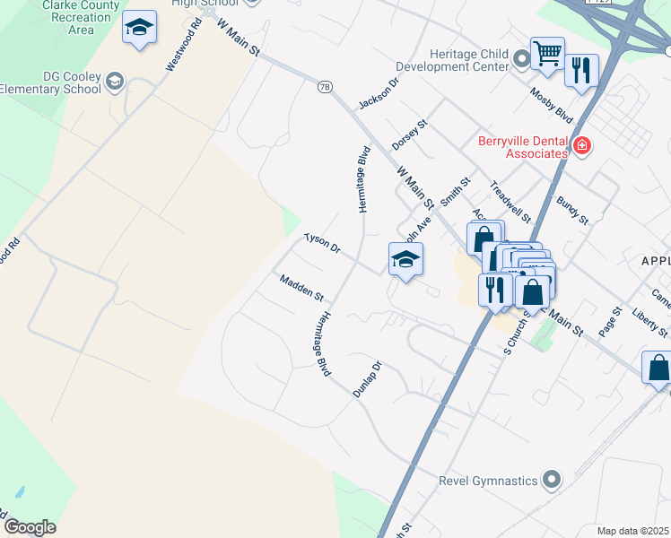 map of restaurants, bars, coffee shops, grocery stores, and more near 6254 Lord Fairfax Highway in Berryville
