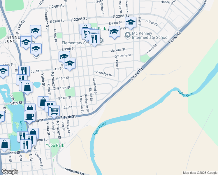 map of restaurants, bars, coffee shops, grocery stores, and more near 564 East 15th Street in Marysville