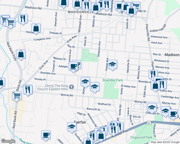 map of restaurants, bars, coffee shops, grocery stores, and more near 4334 Watterson Street in Cincinnati