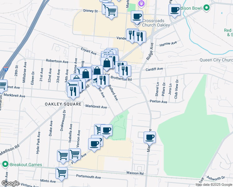 map of restaurants, bars, coffee shops, grocery stores, and more near 3224 Bach Avenue in Cincinnati