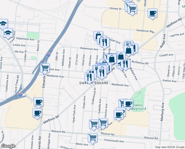 map of restaurants, bars, coffee shops, grocery stores, and more near 4115 34th Avenue in Cincinnati