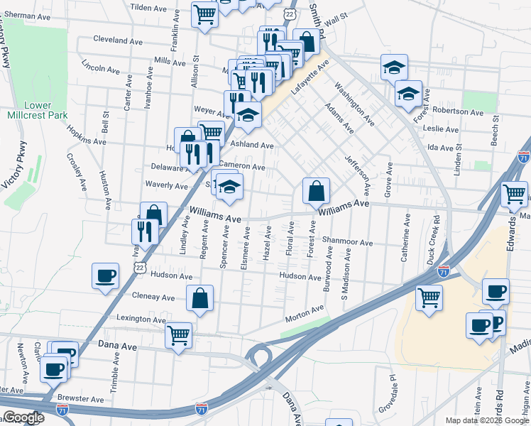 map of restaurants, bars, coffee shops, grocery stores, and more near 2209 Slane Avenue in Cincinnati