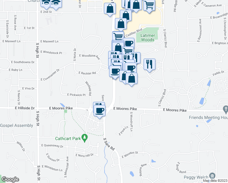 map of restaurants, bars, coffee shops, grocery stores, and more near 1255 South College Mall Road in Bloomington