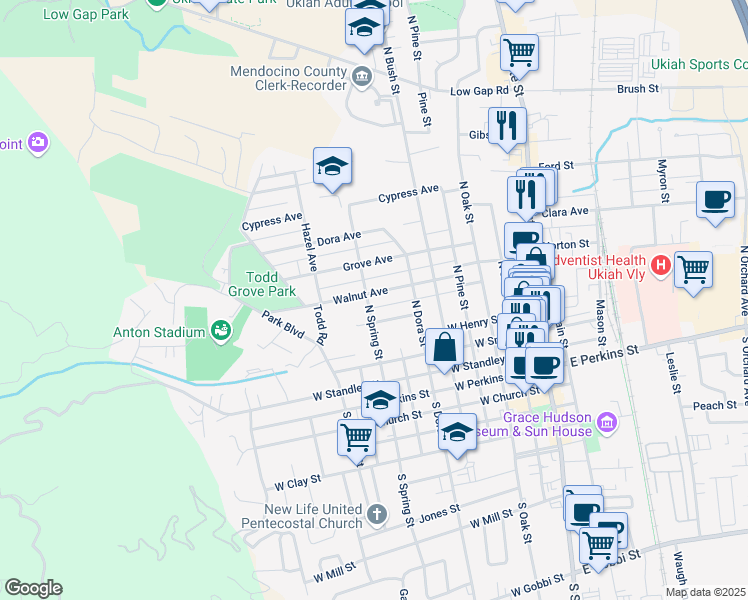 map of restaurants, bars, coffee shops, grocery stores, and more near 657 Walnut Avenue in Ukiah