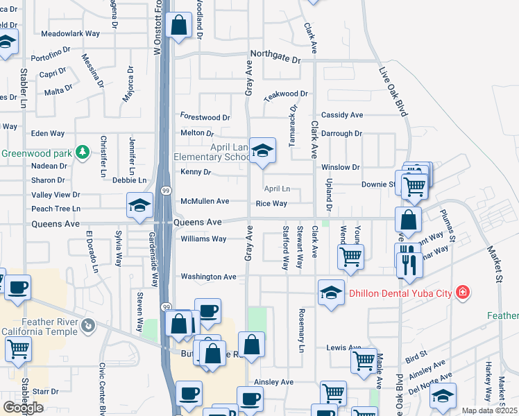 map of restaurants, bars, coffee shops, grocery stores, and more near 788 Rice Way in Yuba City
