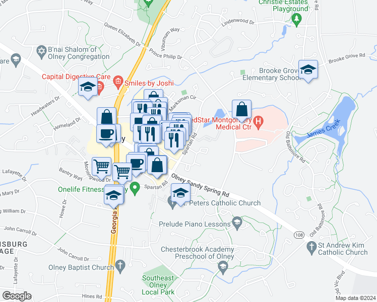 map of restaurants, bars, coffee shops, grocery stores, and more near 18058 Ohara Circle in Olney