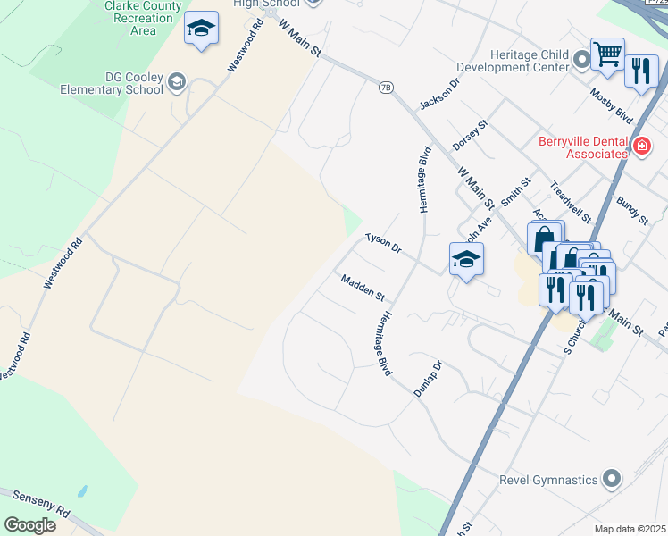 map of restaurants, bars, coffee shops, grocery stores, and more near 229 Tyson Drive in Berryville