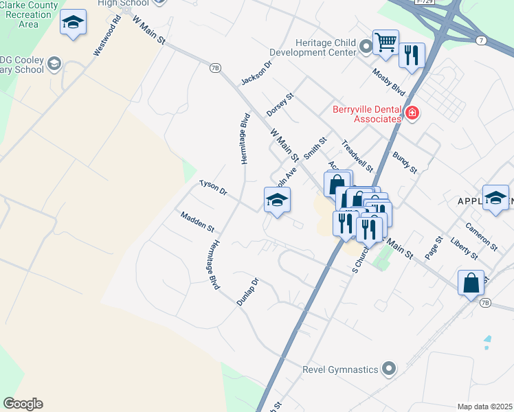map of restaurants, bars, coffee shops, grocery stores, and more near 101 Tyson Drive in Berryville
