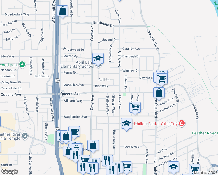 map of restaurants, bars, coffee shops, grocery stores, and more near 740 April Lane in Yuba City