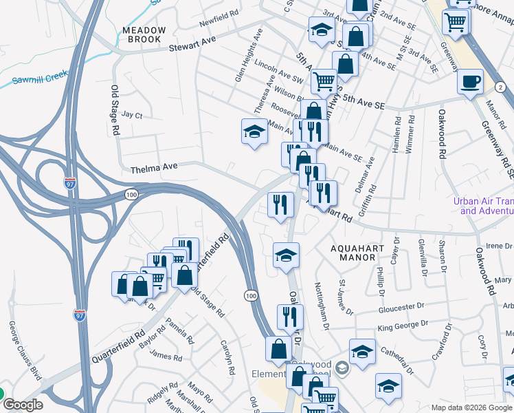 map of restaurants, bars, coffee shops, grocery stores, and more near 1106 Curtis Way in Glen Burnie
