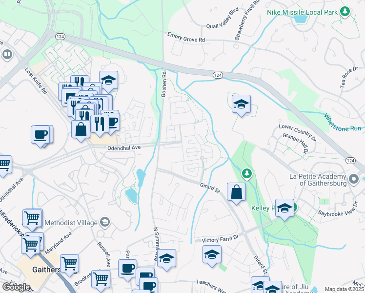 map of restaurants, bars, coffee shops, grocery stores, and more near 501 Cedar Spring Street in Gaithersburg