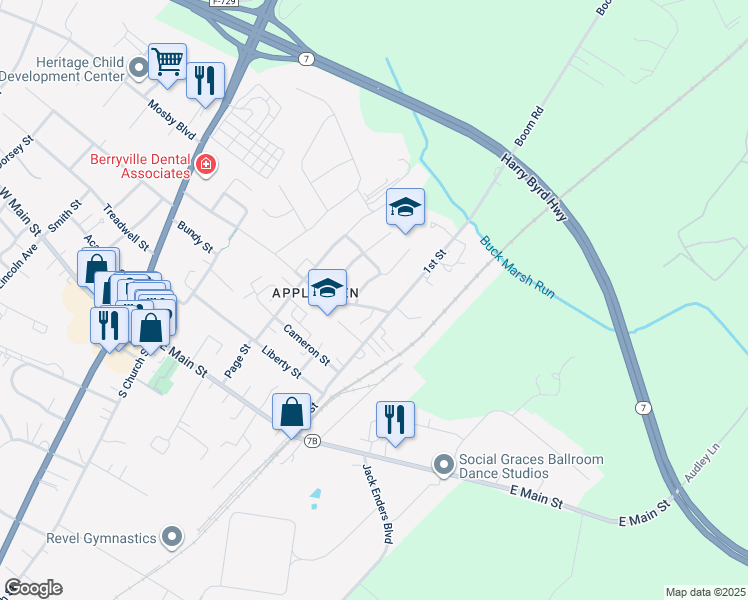 map of restaurants, bars, coffee shops, grocery stores, and more near 615 East Main Street in Berryville