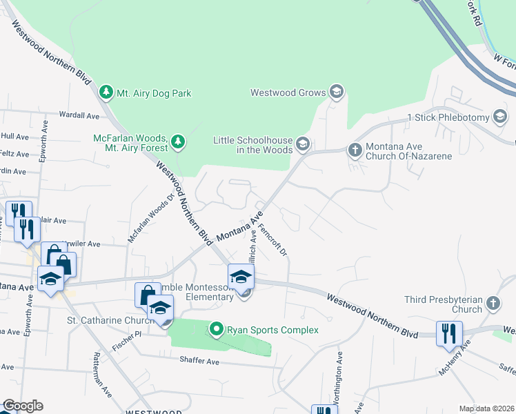 map of restaurants, bars, coffee shops, grocery stores, and more near 2686 Montana Avenue in Cincinnati