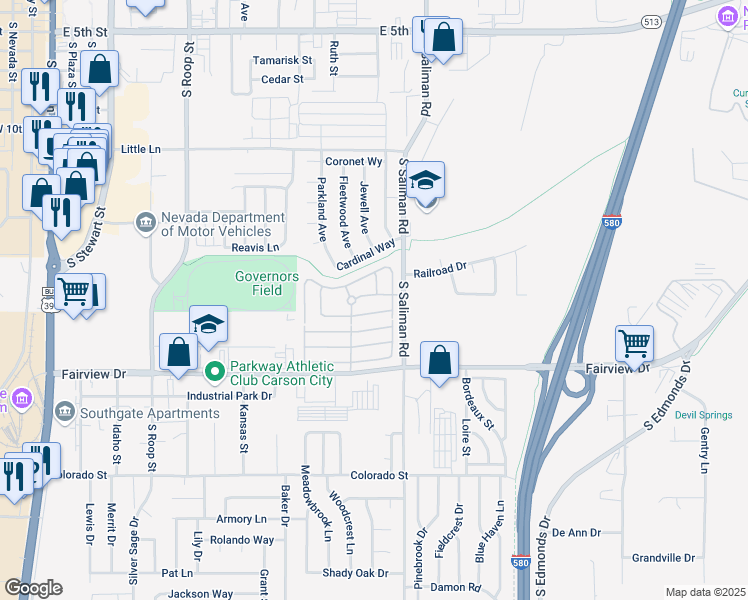 map of restaurants, bars, coffee shops, grocery stores, and more near 1267 Quail Run Drive in Carson City