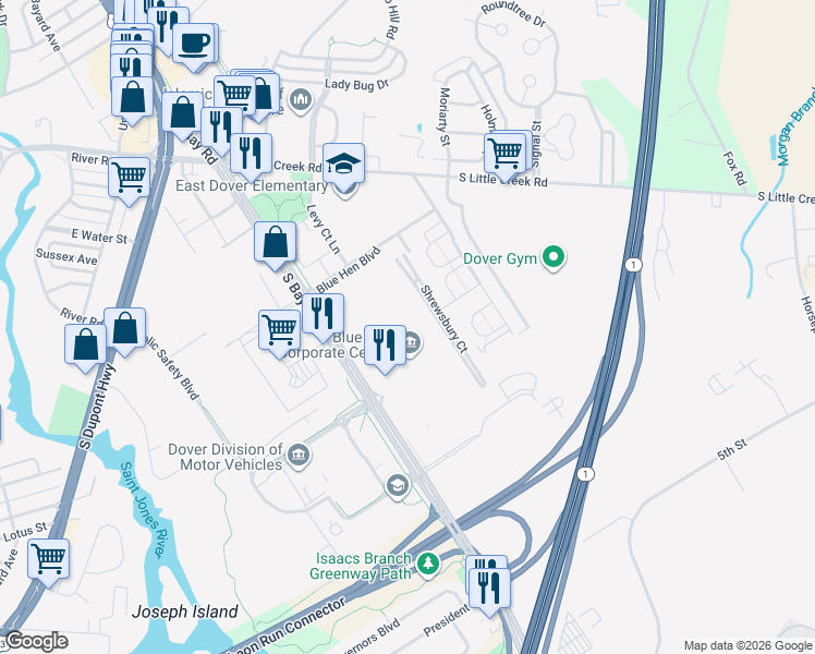map of restaurants, bars, coffee shops, grocery stores, and more near 655 South Bay Road in Dover