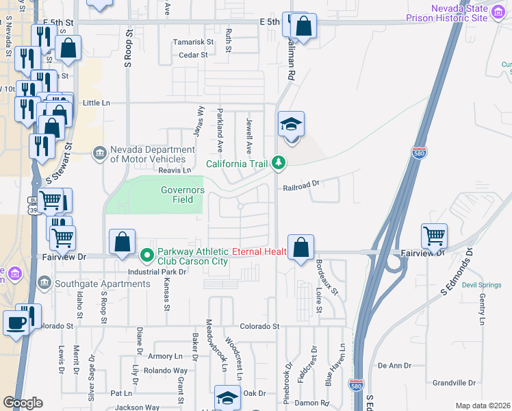 map of restaurants, bars, coffee shops, grocery stores, and more near 1448 Teal Drive in Carson City
