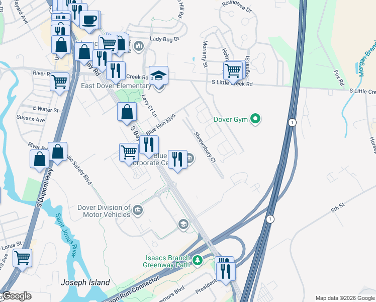 map of restaurants, bars, coffee shops, grocery stores, and more near 655 South Bay Road in Dover