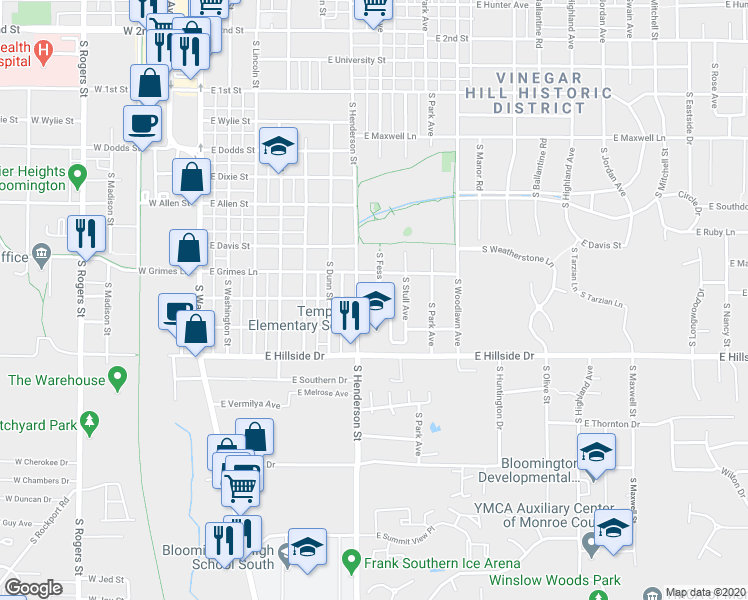 map of restaurants, bars, coffee shops, grocery stores, and more near 1222 South Fess Avenue in Bloomington