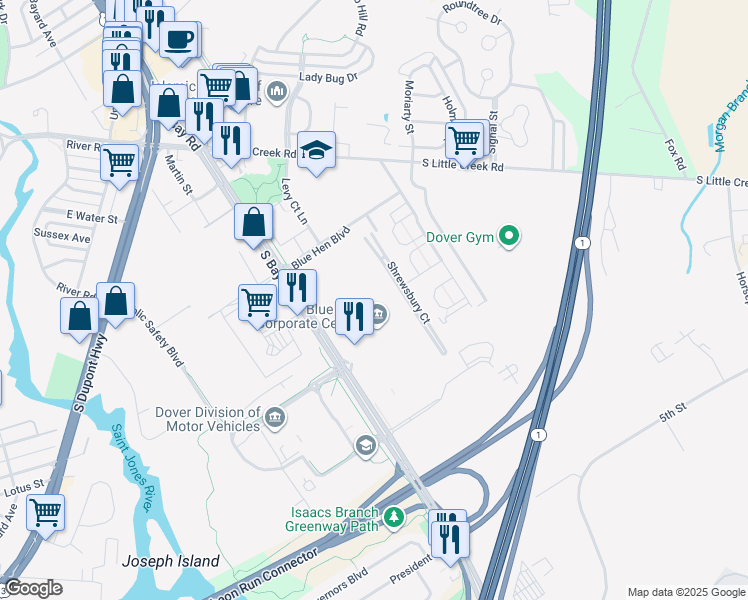 map of restaurants, bars, coffee shops, grocery stores, and more near 655 South Bay Road in Dover