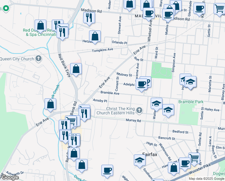 map of restaurants, bars, coffee shops, grocery stores, and more near 4330 Erie Avenue in Cincinnati