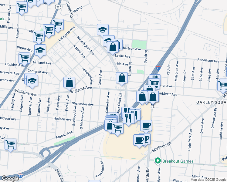 map of restaurants, bars, coffee shops, grocery stores, and more near 2524 Williams Avenue in Cincinnati