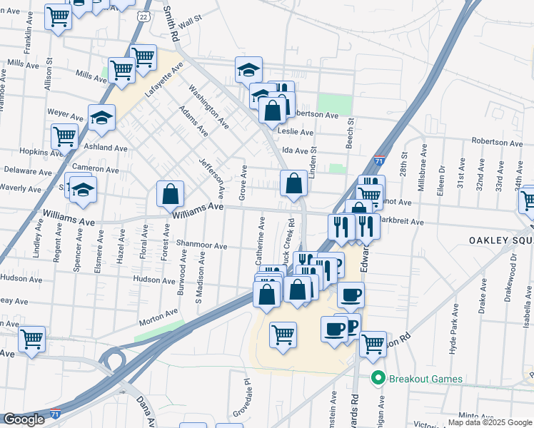 map of restaurants, bars, coffee shops, grocery stores, and more near 2524 Williams Avenue in Cincinnati