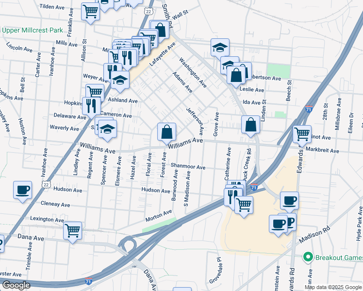 map of restaurants, bars, coffee shops, grocery stores, and more near 4128 Forest Avenue in Cincinnati
