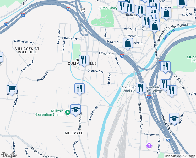 map of restaurants, bars, coffee shops, grocery stores, and more near 3641 Borden Street in Cincinnati