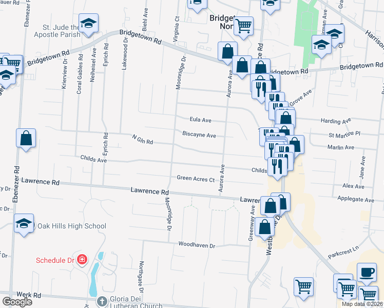 map of restaurants, bars, coffee shops, grocery stores, and more near 5668 Northglen Road in Cincinnati