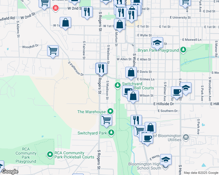 map of restaurants, bars, coffee shops, grocery stores, and more near 1206 South Madison Street in Bloomington