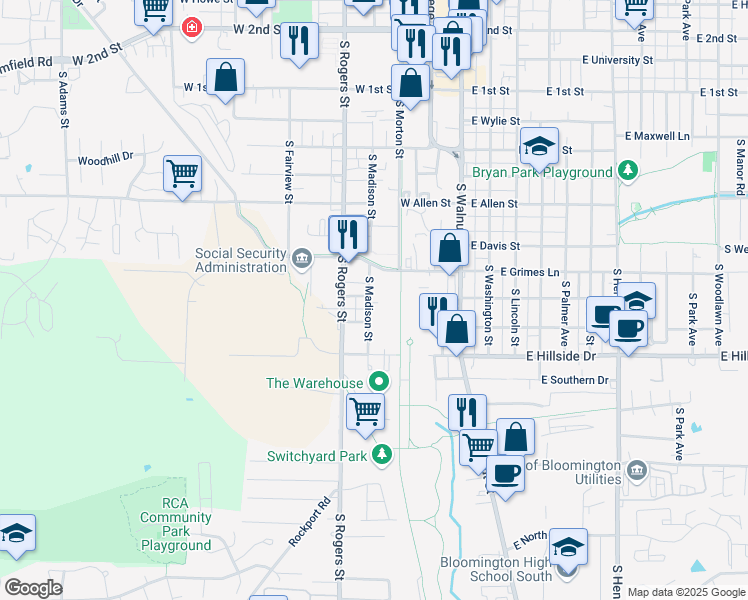 map of restaurants, bars, coffee shops, grocery stores, and more near 1206 South Madison Street in Bloomington