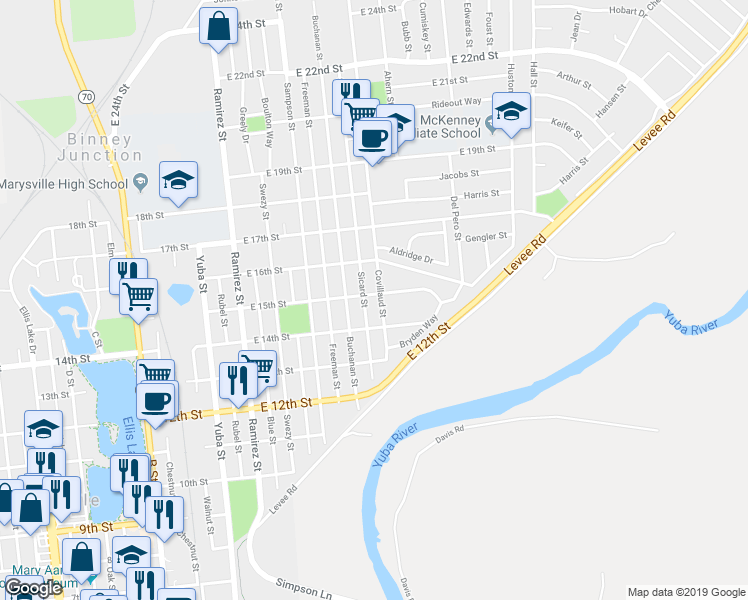 map of restaurants, bars, coffee shops, grocery stores, and more near 430 East 15th Street in Marysville