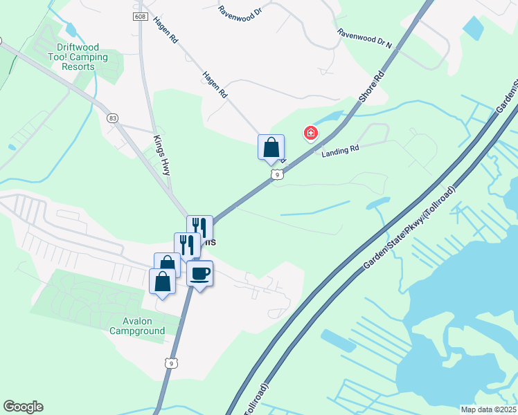 map of restaurants, bars, coffee shops, grocery stores, and more near 2031 Shore Road in Cape May County