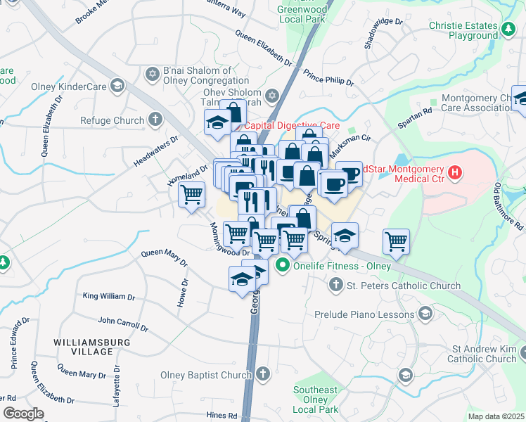 map of restaurants, bars, coffee shops, grocery stores, and more near 18065 Maryland 97 in Olney