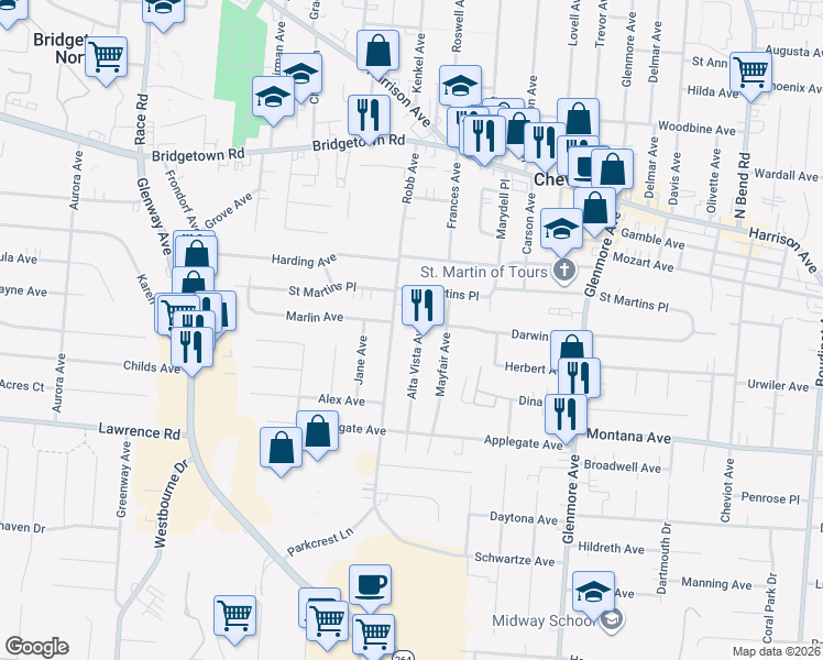 map of restaurants, bars, coffee shops, grocery stores, and more near 3467 Alta Vista Avenue in Cincinnati