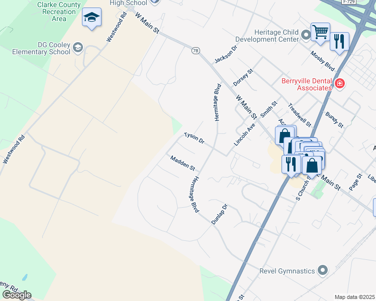 map of restaurants, bars, coffee shops, grocery stores, and more near 413 Lindsay Court in Berryville