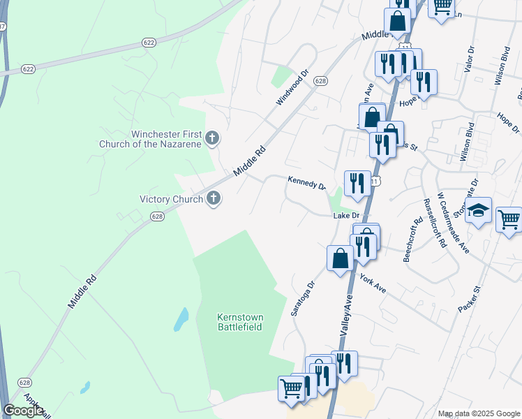 map of restaurants, bars, coffee shops, grocery stores, and more near 921 Kennedy Drive in Winchester