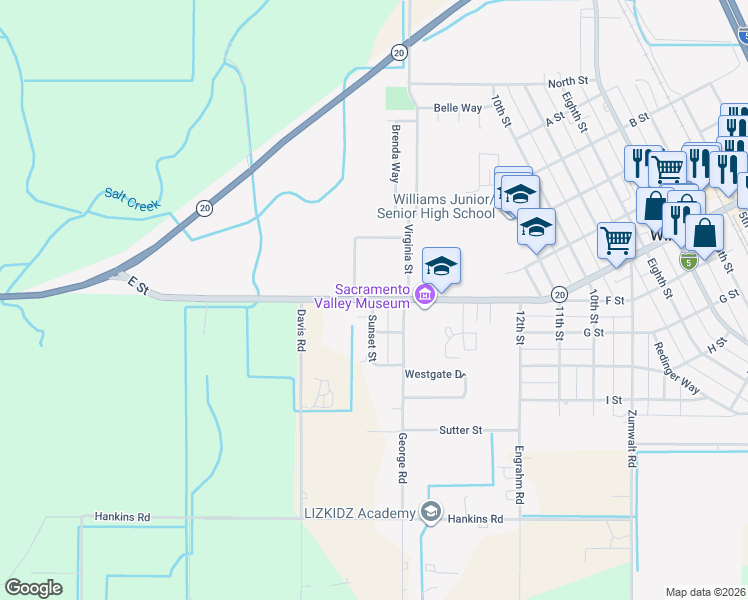 map of restaurants, bars, coffee shops, grocery stores, and more near 1801 Highway 20 Business in Williams