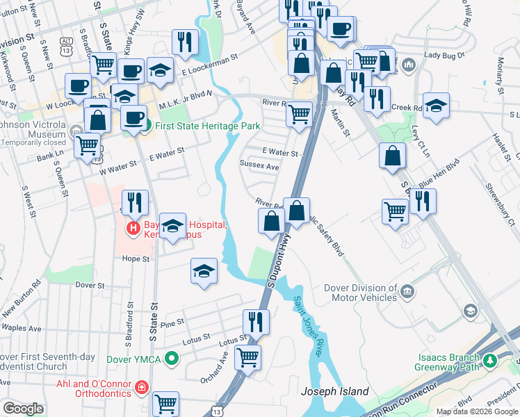 map of restaurants, bars, coffee shops, grocery stores, and more near 731 River Road in Dover